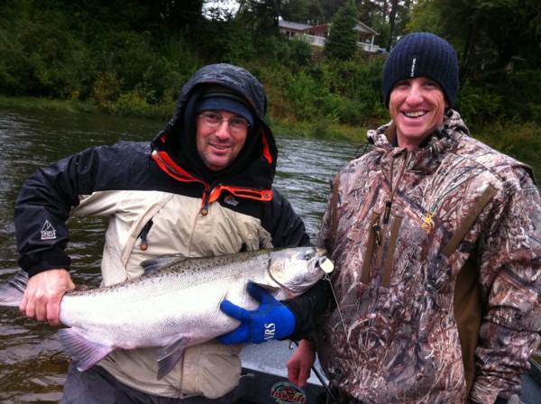 Brandon and Craig with a nice Smith River fall king salmon caught on a size M2 FlatFish near Ruby while fishing with Wild Rivers Fishing guide Andy Martin.