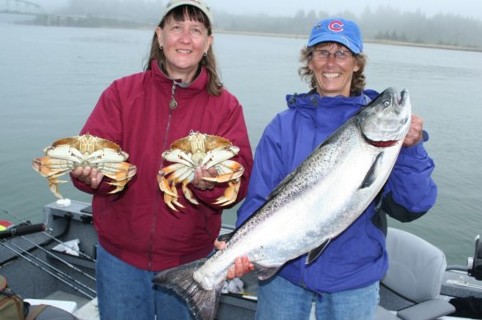 Julie and Sheri with crab and salmon from the lower Coquille River caught in late September with guide Andy Martin of Wild Rivers Fishing.